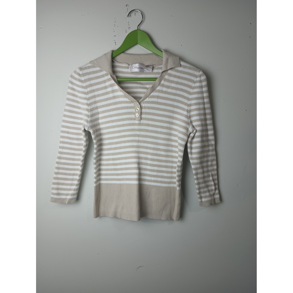 CC Hughes Womens Beige White Striped Ribbed Cotton V-Neck Sweater 3/4 Sleeve L